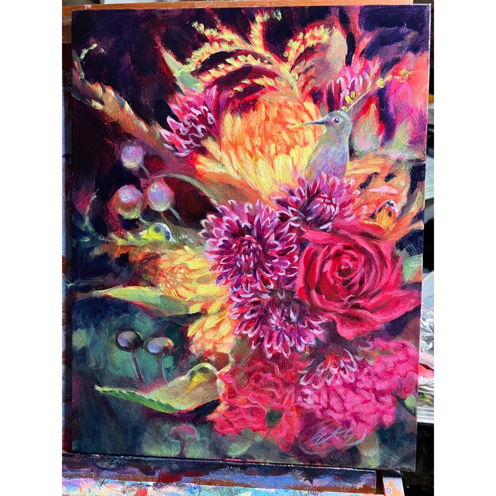 Artettina Original Floral Hummingbird Painting bouquet flowers Art ladybugs USA